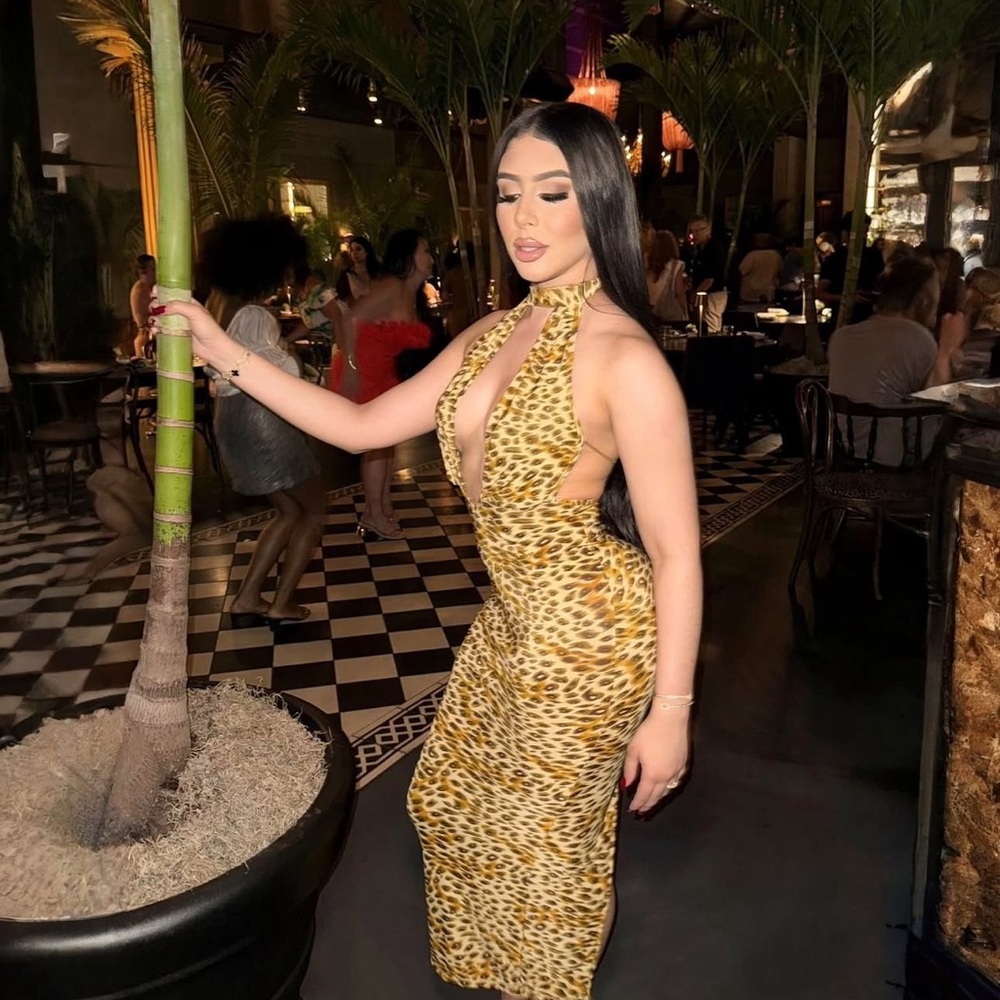 Steph Designs Backless Halter Leopard-Print Maxi Dress in Gold